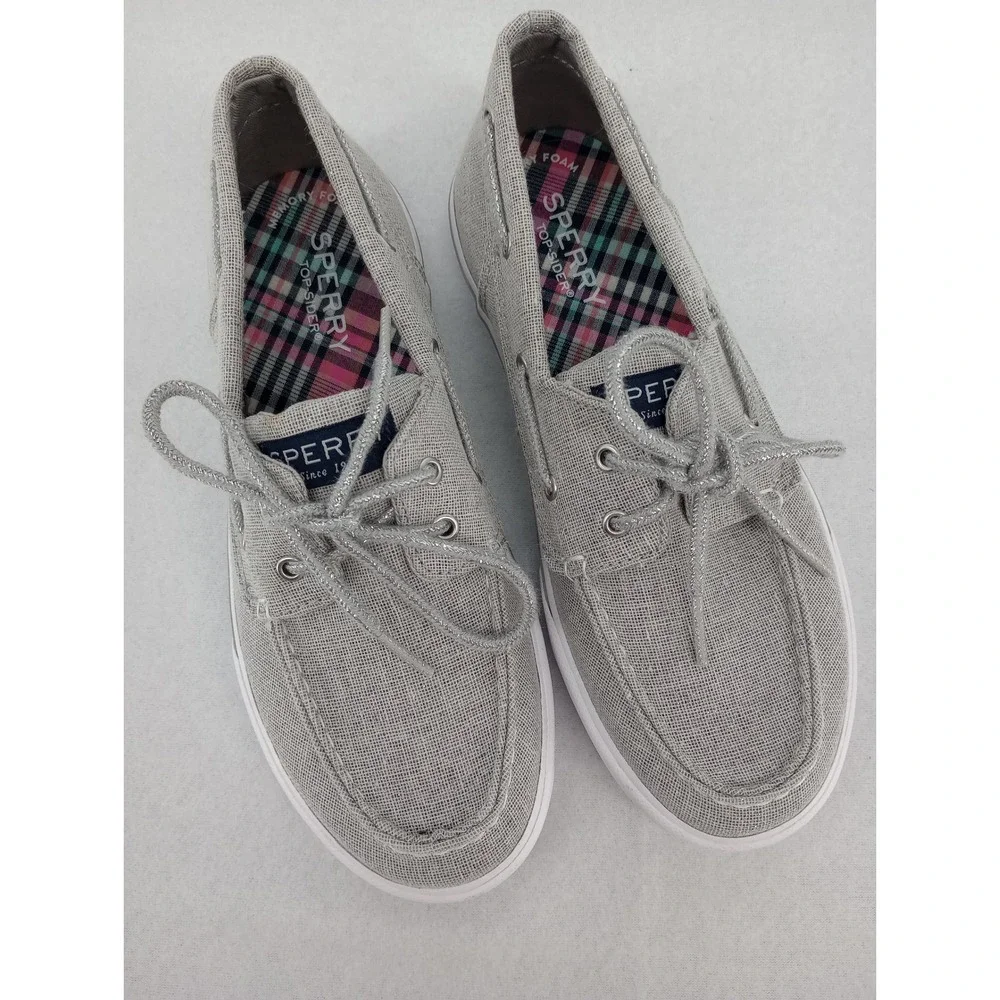 Sperry Boat Shoes Girls 3M Grey Silver Glitter Canvas Memory Foam